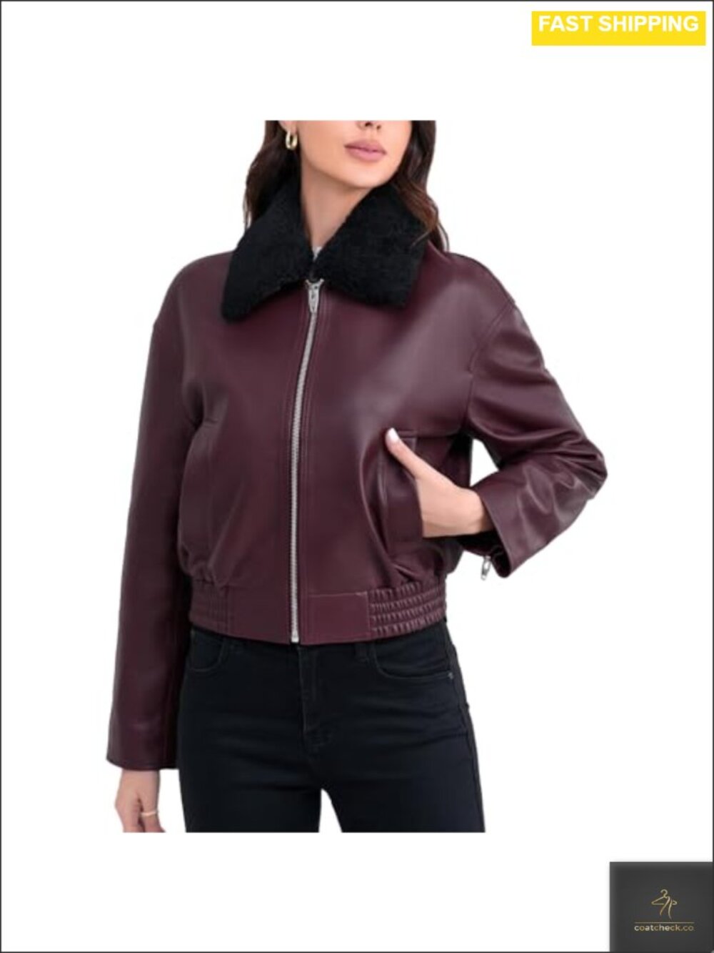 Cropped Leather Bomber Jacket with Removable Faux Fur Collar